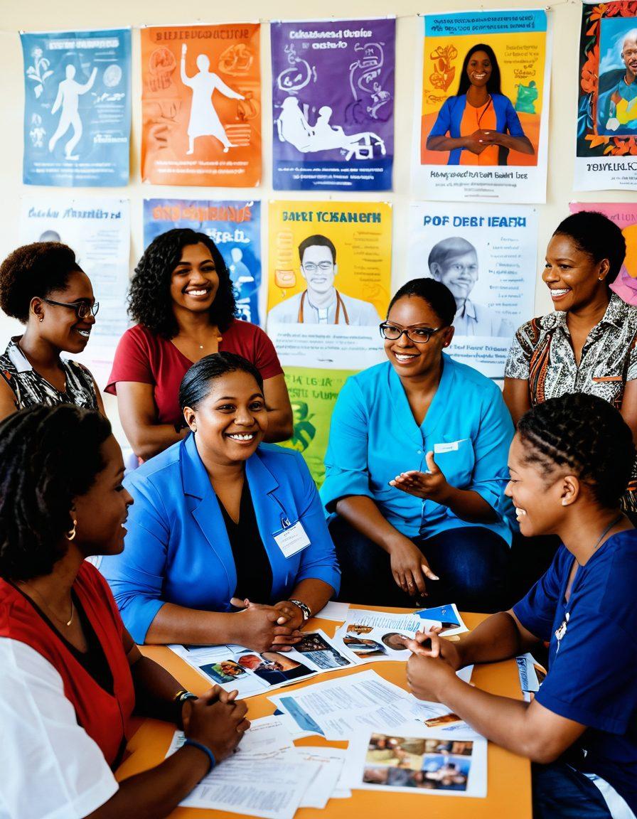 A diverse group of people from various backgrounds engaging in a community health workshop, animated expressions of hope and determination. Various health-related materials like brochures and banners lie around, symbolizing advocacy. In the background, a vibrant mural depicting interconnectedness and support. The overall atmosphere is warm and inspiring, symbolizing empowerment and transformation. super-realistic. vibrant colors. white background.