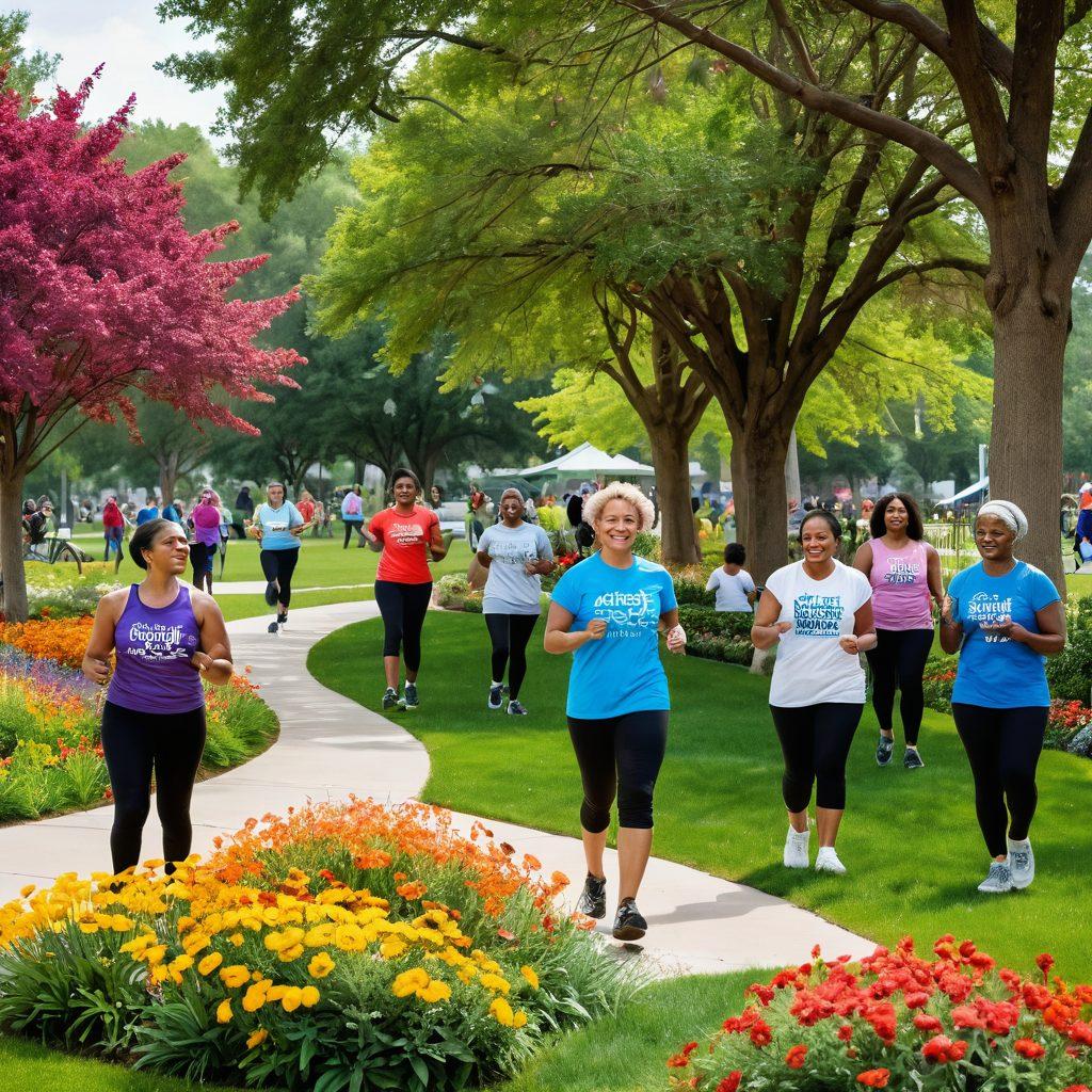 A diverse group of community members engaging in various wellness activities, such as group exercise, healthy cooking classes, and mental health workshops, set in a vibrant park filled with colorful flowers and trees. Emphasize collaboration and positivity, with smiling faces and interactive moments. Incorporate banners displaying health initiative messages. super-realistic. vibrant colors. community-oriented.